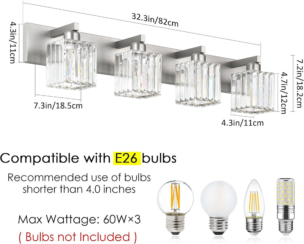 Brushed Nickel Bathroom Lighting Fixtures 4 Light Crystal Modern Bathroom Vanity Light (Exclude Bulb)