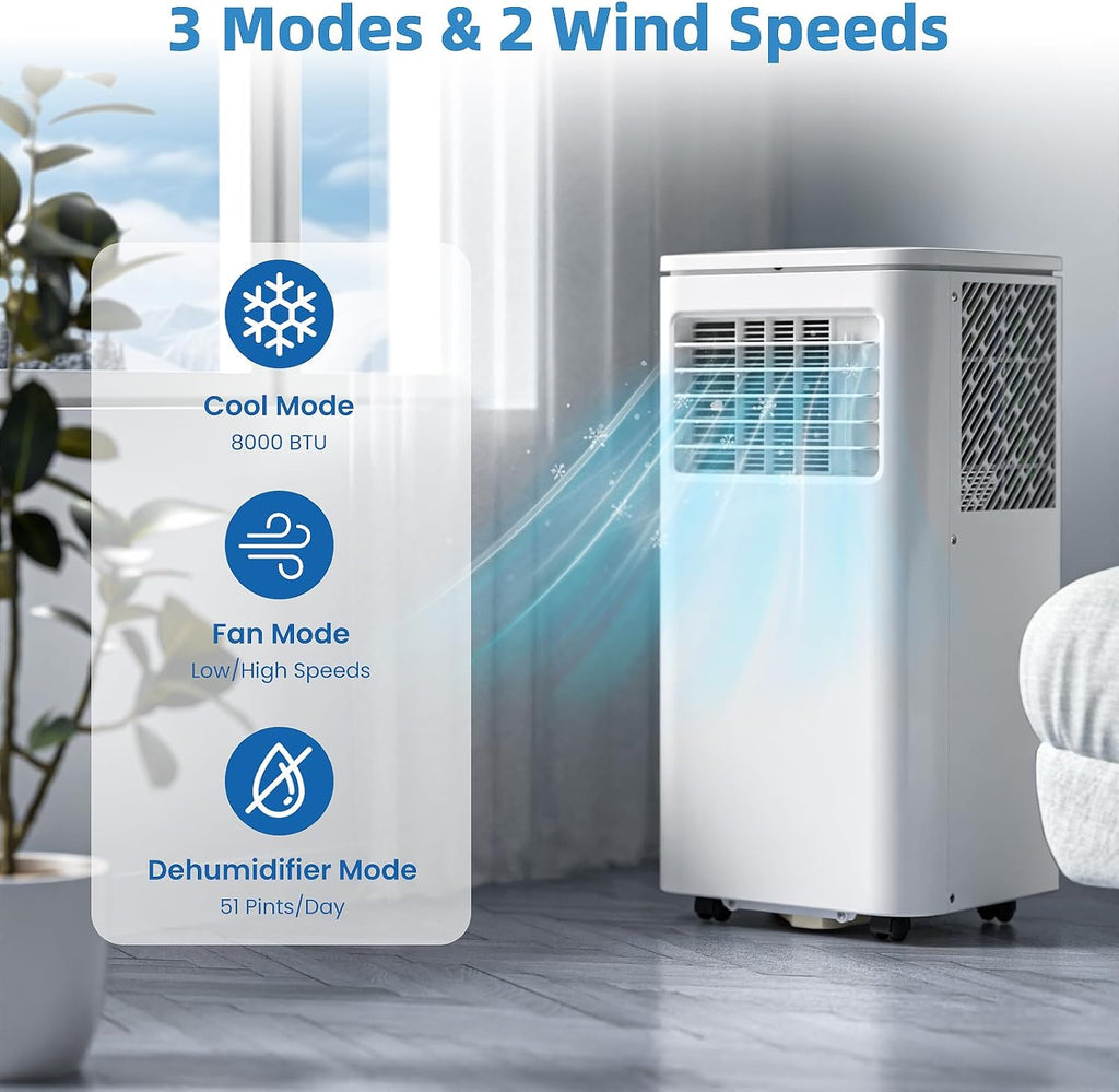3-in-1 Portable Air Conditioners,8000BTU Portable AC Units Cools 350 Sq.Ft. with 24H Timer Remote Control
