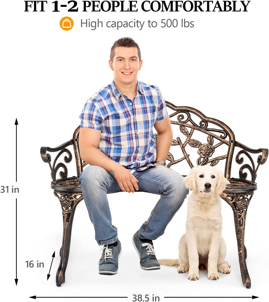 38.5" Patio Park Garden Outdoor Metal Rose Bench, 2-Person Cast Iron Cast Aluminium Frame Antique Finish