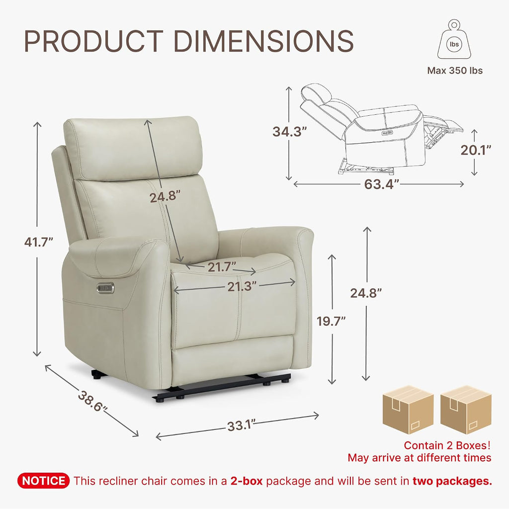 Leather Recliner Chair for Adults Wall Hugger RV Recliner with USB Charging Ports Electric Power Reclining Sofa Home