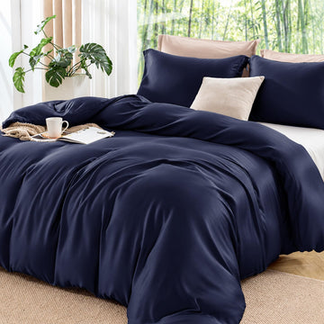 Duvet Cover Queen Set, 100% Viscose Made from Bamboo, Navy Blue