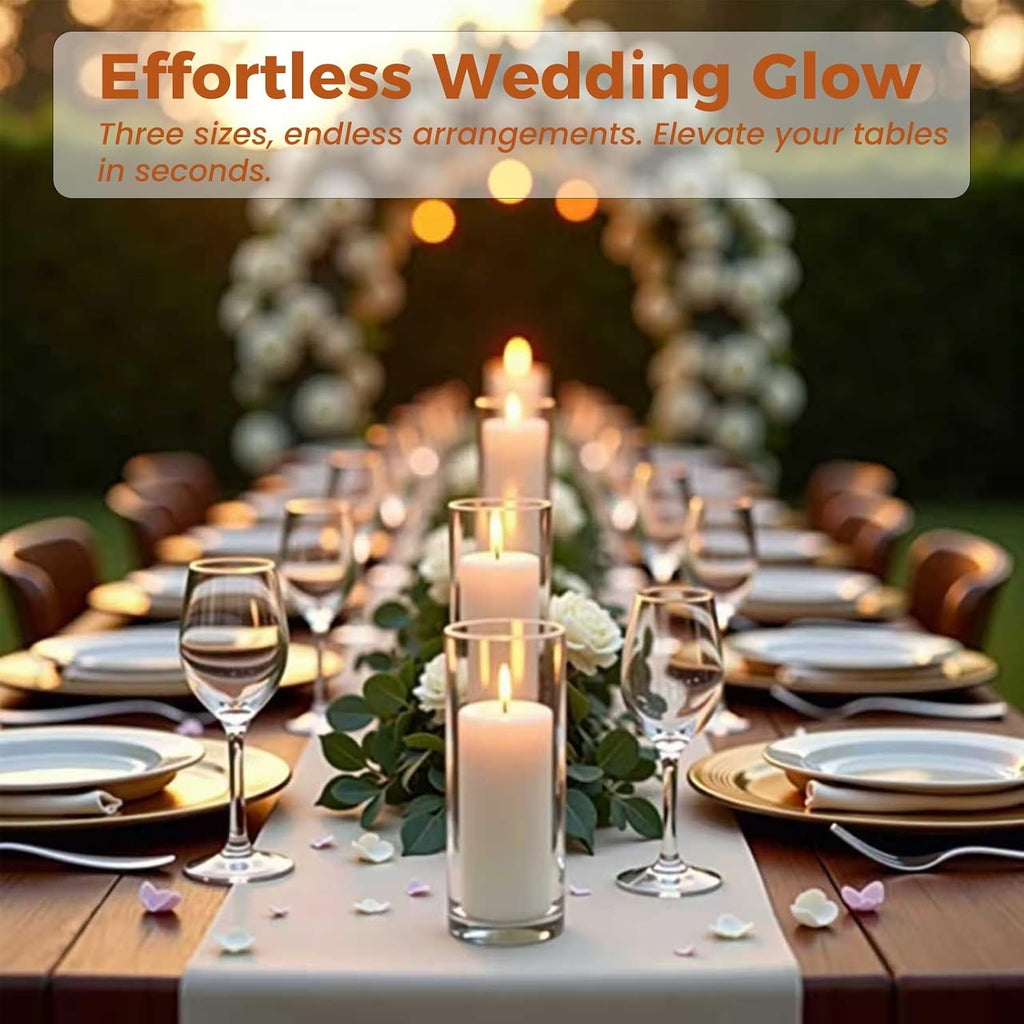 24-Pc White Pillar Candles & Clear Hurricane Glass Candle Holders, 3 Sizes | 12 dripless candles + 12 clear