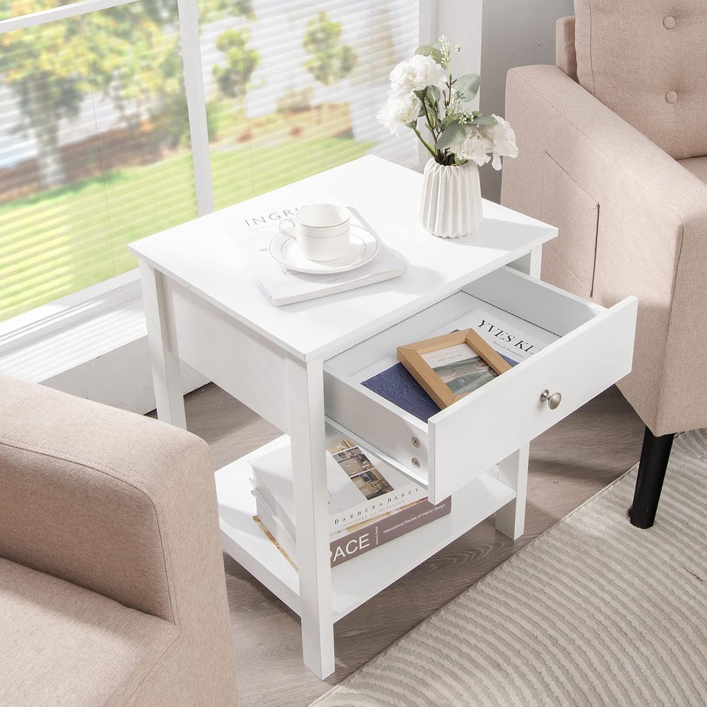 Nightstand Set of 2, Wood End Table with Drawer and Open Shelf, Night Stand , 2-Tier Bedside Table Bedroom Dorm, Easy