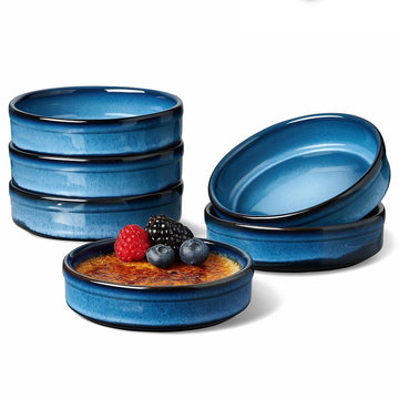 4 oz Oven Safe, Ceramic for Creme Brulee, Custard, Pudding, Souffle, Blue Shallow Ramekin Dishes, Small Porcelain