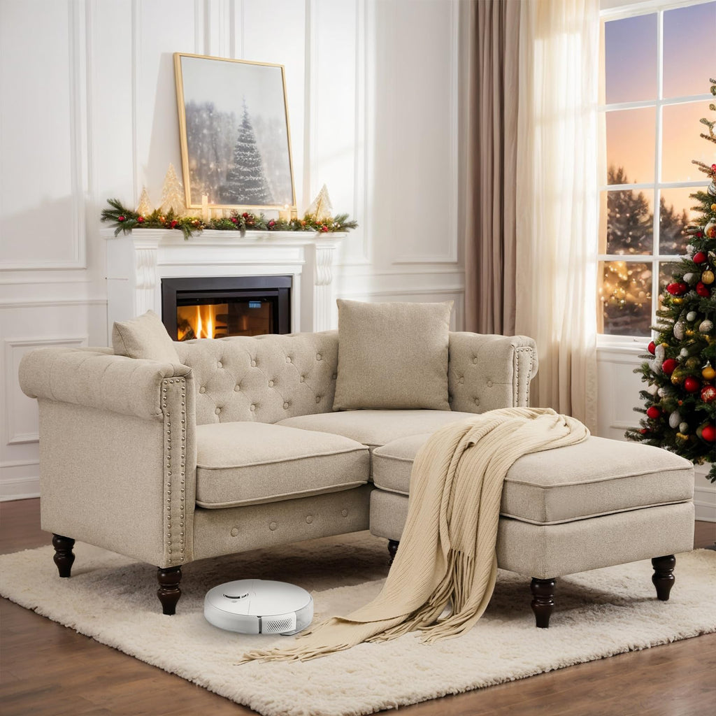 62" Chesterfield Linen Sofa, Vintage Small L Shaped Loveseat Couch