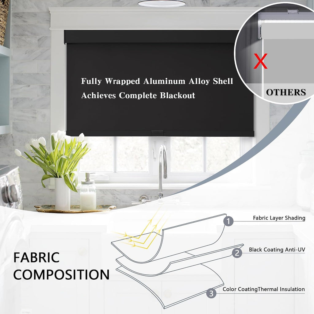 Cordless Blackout Roller Shades, 21" W x 72" H, Black