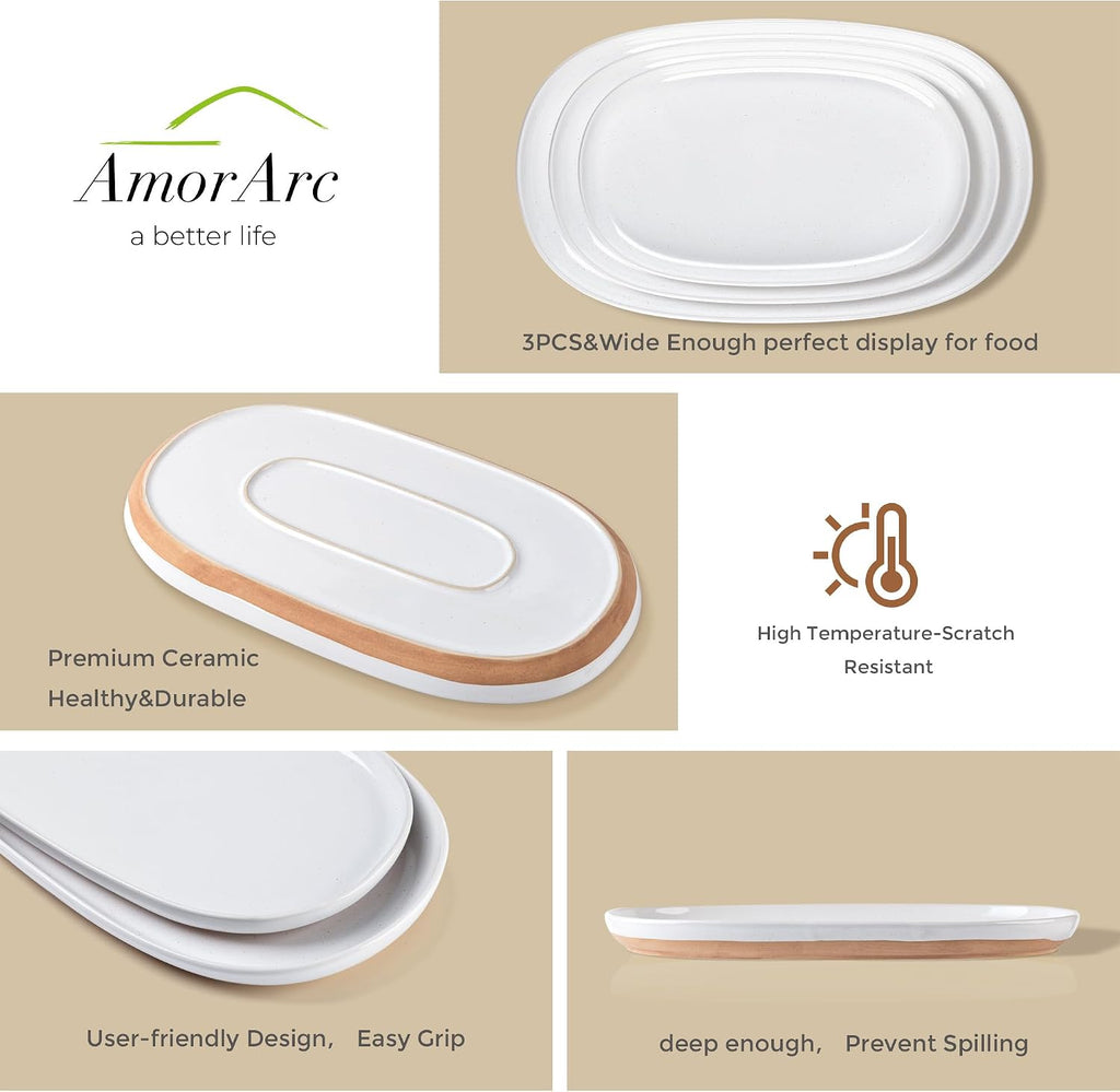 Large Ceramic Serving Platter, 15.5"/14"/12.2" Oval Platters Microwave Safe, Serving Trays for Wedding, Stoneware