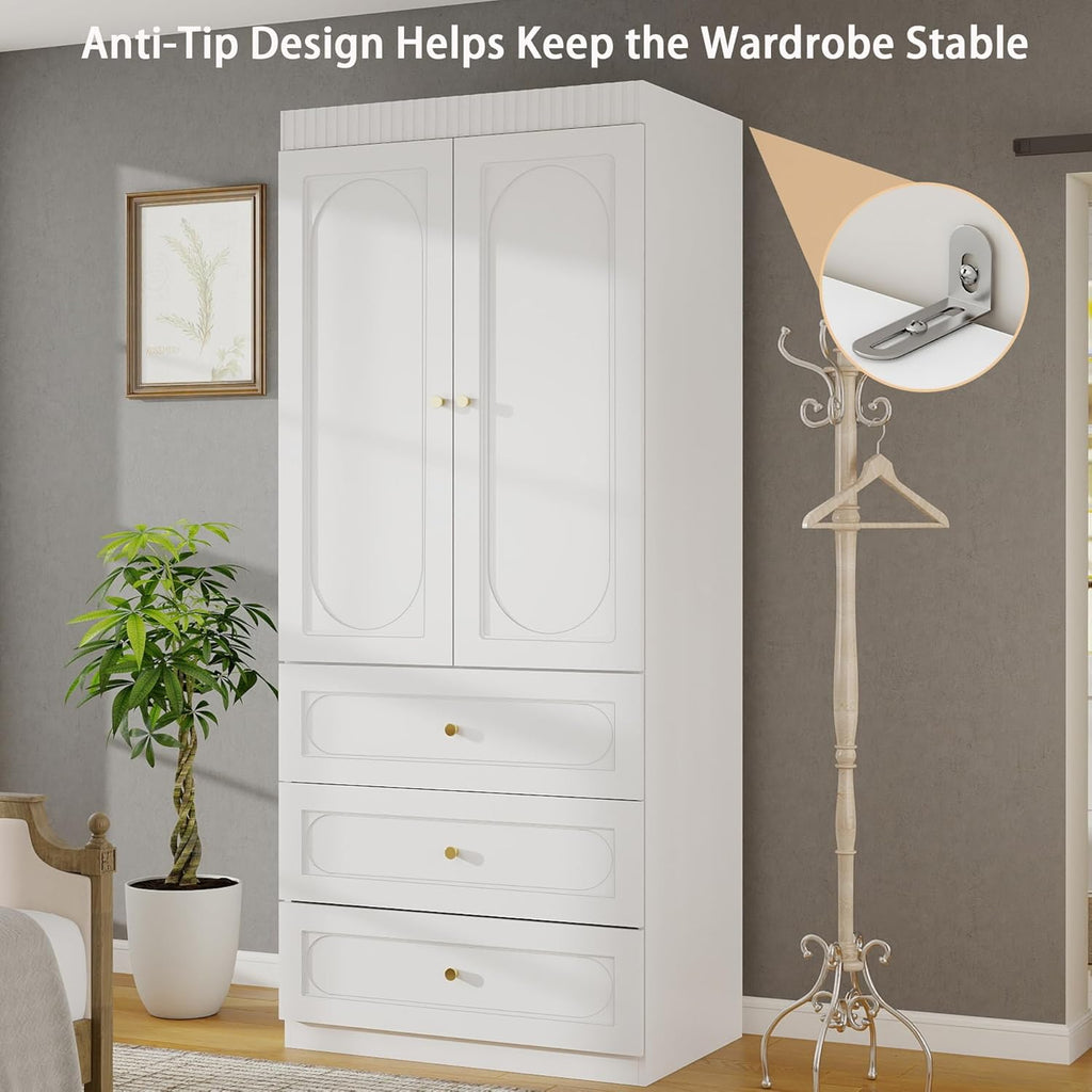 Armoire Wardrobe Closet with Drawers: 74" Tall White Wardrobe Closet with Doors, Large Bedroom Armoires for Clothes