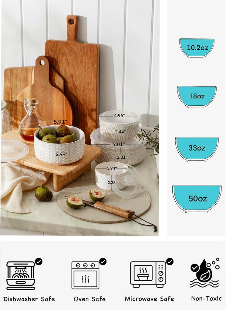 Serving Bowls with Lids, Ceramic Embossed Nesting Mixing Bowls, Set of 4, Serving Bowls Set for Food Storage