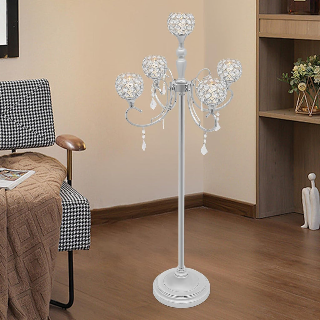 5 Arm Crystal Candelabra Centerpieces for Tables 49 Inch Gold/Silver Candle Holder Table Decoration Stand with