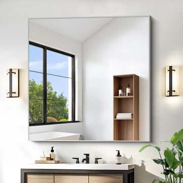 Silver Mirror, 42"x42" Square Bathroom Mirror for Wall, HD Tempered Glass, Anti-Rust Frame, Modern Design