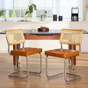 Rattan Dining Chairs Set of 2, Faux Leather Mid Century Modern Dining Room Chairs, Mesh Back Cane Kitchen Chair
