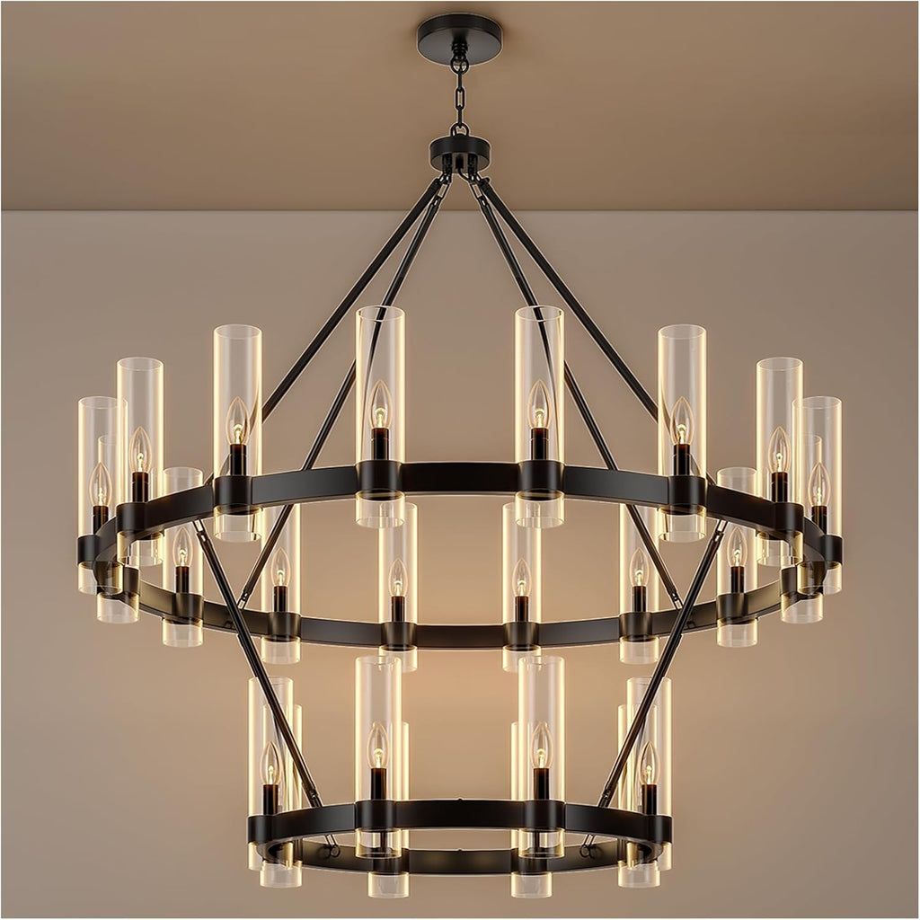 48 Inch Black Wagon Wheel Chandelier 2 Tier with Glass Shade, 24 Lights, Modern Farmhouse Style, Ideal for Dining Room, Kitchen, Entryways A115-B0CHF77S48