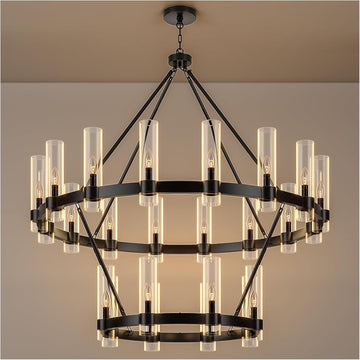 Inspired Ravelle Style 48 Inch Black Wagon Wheel Chandelier 2 Tier with Glass Shade, 24 Lights, Modern Farmhouse Style, Ideal for Dining Room, Kitchen, Entryways