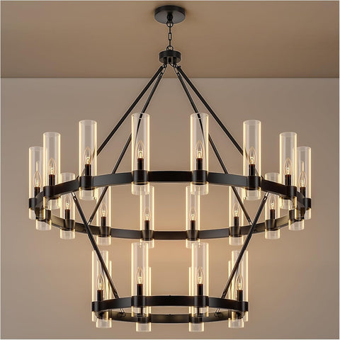 48 Inch Black Wagon Wheel Chandelier 2 Tier with Glass Shade, 24 Lights, Modern Farmhouse Style, Ideal for Dining Room, Kitchen, Entryways A115-B0CHF77S48