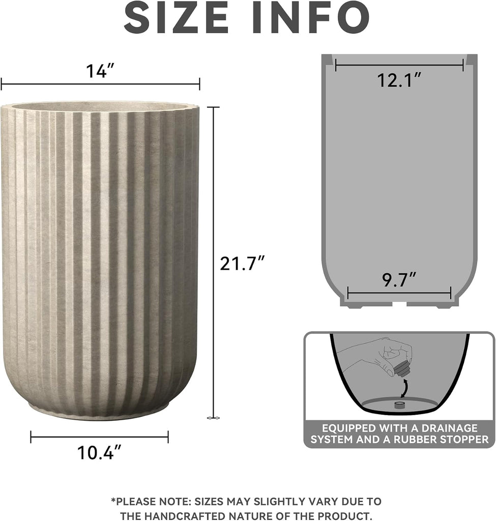 Large Round Column Weathered Concrete Planter 21.7" Tall, Outdoor | Fluted, Rubber Plug for Indoor, Drainage for