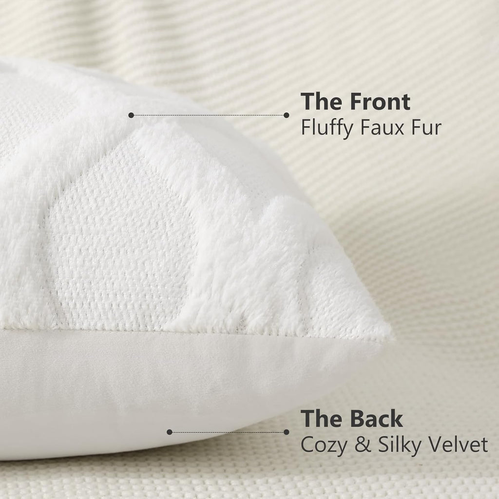 Summer Throw Pillow Covers 18x18 Inch Set of 2, Soft Plush Faux Fur Wool Cream White Accent Couch Pillow Covers for
