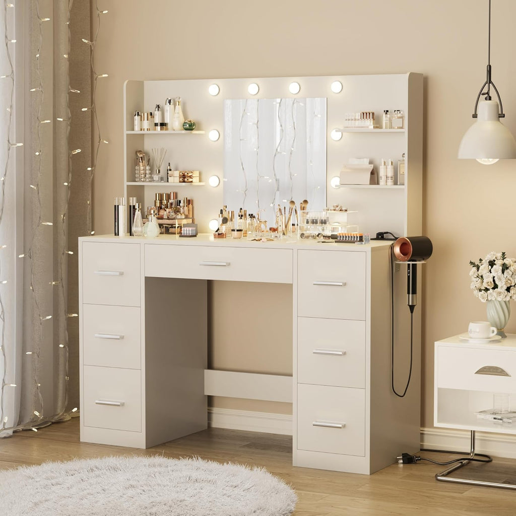 Vanity Desk with Mirror, LED Lights and Power Outlet Makeup Vanity Table with 7 Drawers and 6 Storage Shelves