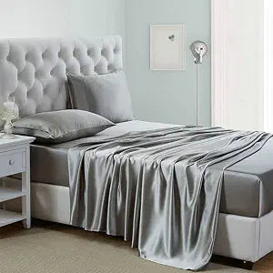 Silk like Satin Sheets, King Bed Sheet Set, Light Gray, 4 Piece