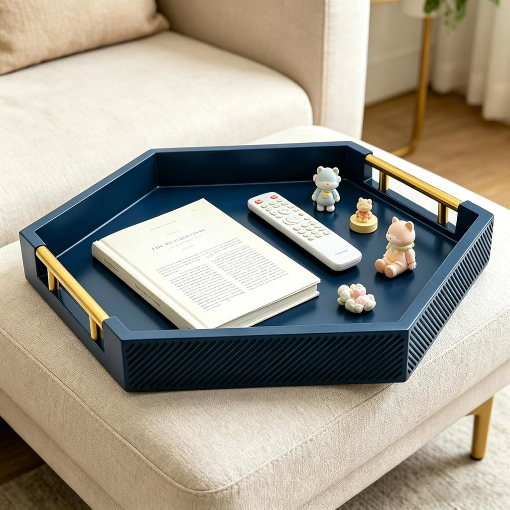 Hexagon Decorative Serving Tray with Polished Gold-Tone Metal Handles, Black Glossy Finish, Large Ottoman and Coffee