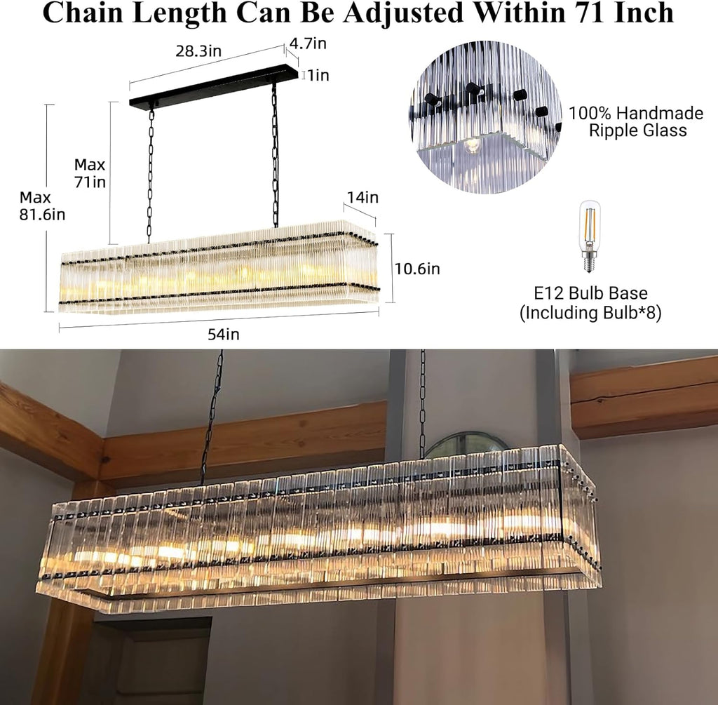 55 Inch Modern Rectangular Black Crystal Glass Chandeliers, Dining Room Chandeliers, for Living Room, Kitchen Island, Foyer, Water Ripple Chandelier, Adjustable Hanging Chandelier