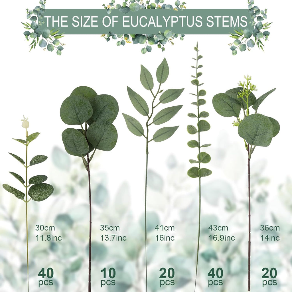 130 Pcs Artificial Mixed Eucalyptus Stems Bulk, 5 Kinds of Faux Greenery Eucalyptus Leaves Bulk for Vase Wedding DIY