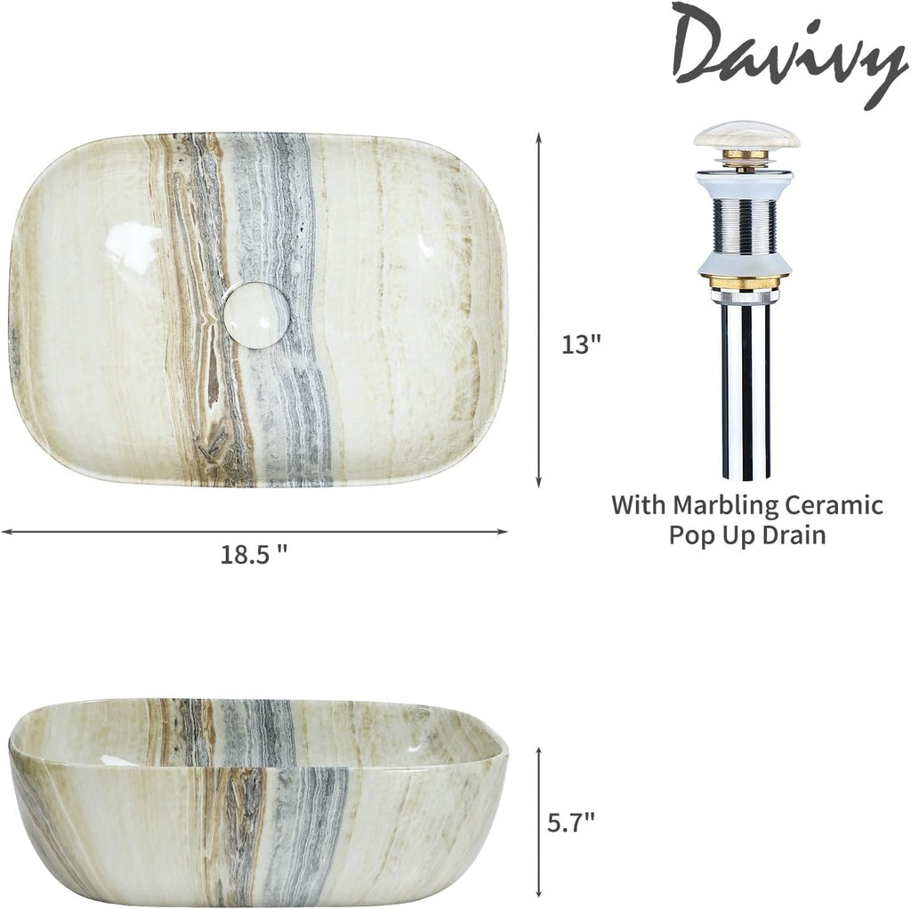 18.3"×13" Marbling Rectangle Bathroom Vessel Sink with Pop Up Drain,Nordic Ceramic Vessel Sinks,Bathroom Sinks