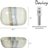 18.3"×13" Marbling Rectangle Bathroom Vessel Sink with Pop Up Drain,Nordic Ceramic Vessel Sinks,Bathroom Sinks