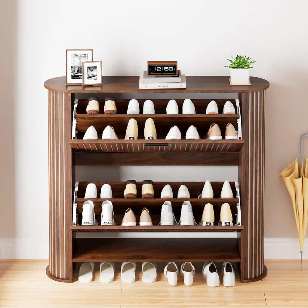 Narrow Shoe Storage Cabinet , Slim Fluted Shoe Cabinet with 2 Flip Drawers, Wood Hidden Shoe Rack Organizer for Entry