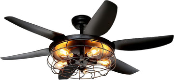 Ceiling Fans with Lights and Remote - 52 Inch Farmhouse Ceiling Fan with Caged Light Fixture - Black Industrial