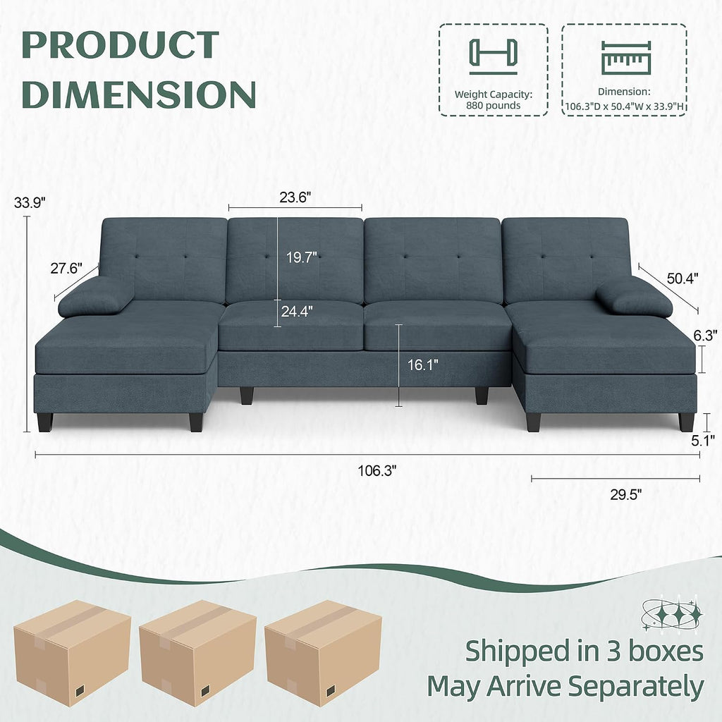 Sectional Couches for Living Room, U-Shaped Sofa with Chaise, 4-seat Large Sectional Modern Couch for Living Room