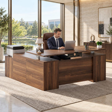 71" L Shaped Executive Desk with File Cabinet Drawers Outlet USB, Height Adjustable Office Desk Blister Board Privacy