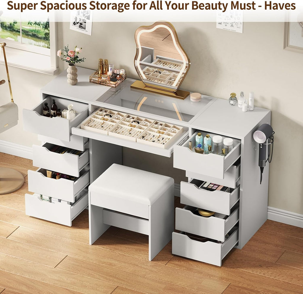 55" Vanity Desk Without Mirror, 10-Drawer Glass Top Makeup Vanity with Slide-Out Tray & Charging Station, Vanity Set