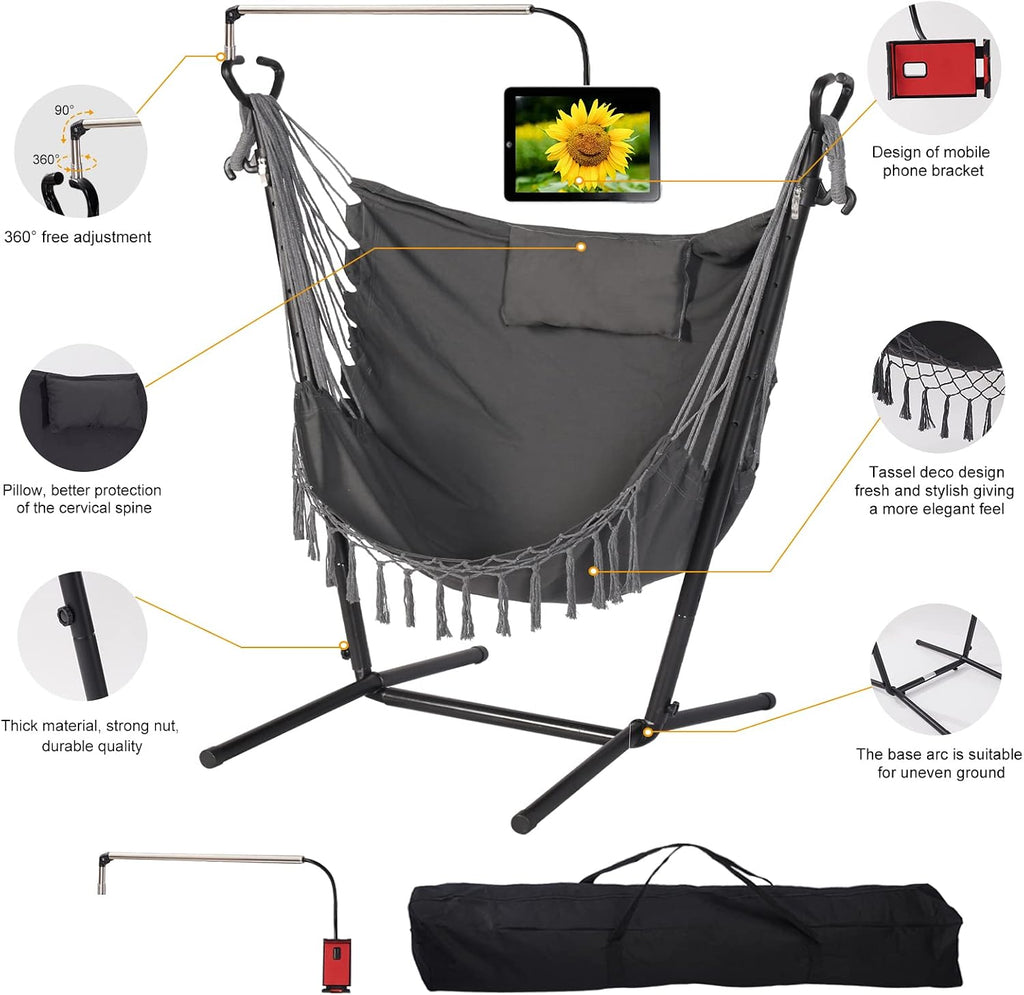 With Stand Phone Holder Included Double Hanging Chair Macrame Boho Handmade Adjustable Swing Indoor Outdoor Patio