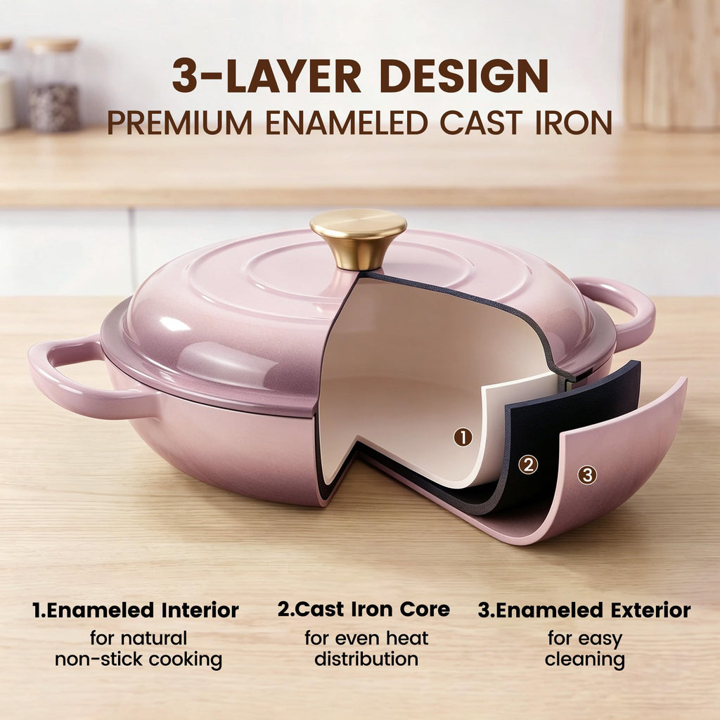 Vintage Style 3 Quart Enameled Cast Iron Braiser, Non Stick Enameled Cast Iron Skillet with Lid, Dutch Oven Skillet