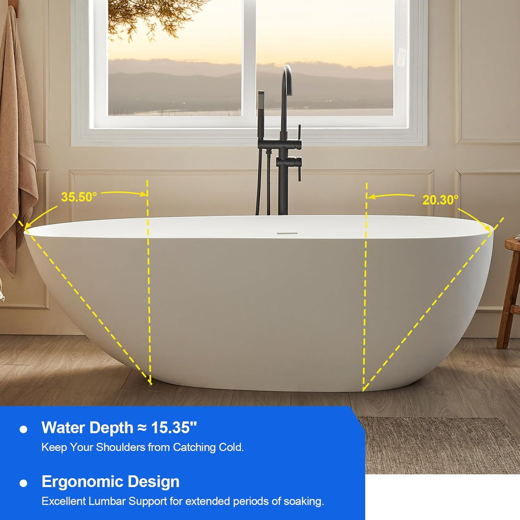 71" Solid Surface Bathtub, Stone Resin Freestanding Soak Tub for Bathroom, Non-Porous & Warm to Touch Surface, Matte