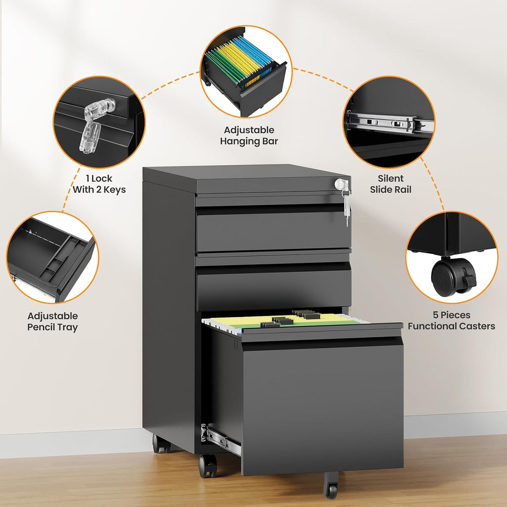 3 Drawer Mobile File Cabinet with Lock, Rolling Filing Cabinets , Under Desk Small File Cabinet Three Drawers for