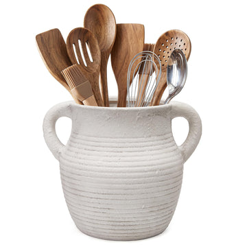 Rustic Utensil Holder Counter - Ceramic Farmhouse Cooking Utensil Crock & Organizer for Spatula, Spoon - Vintage