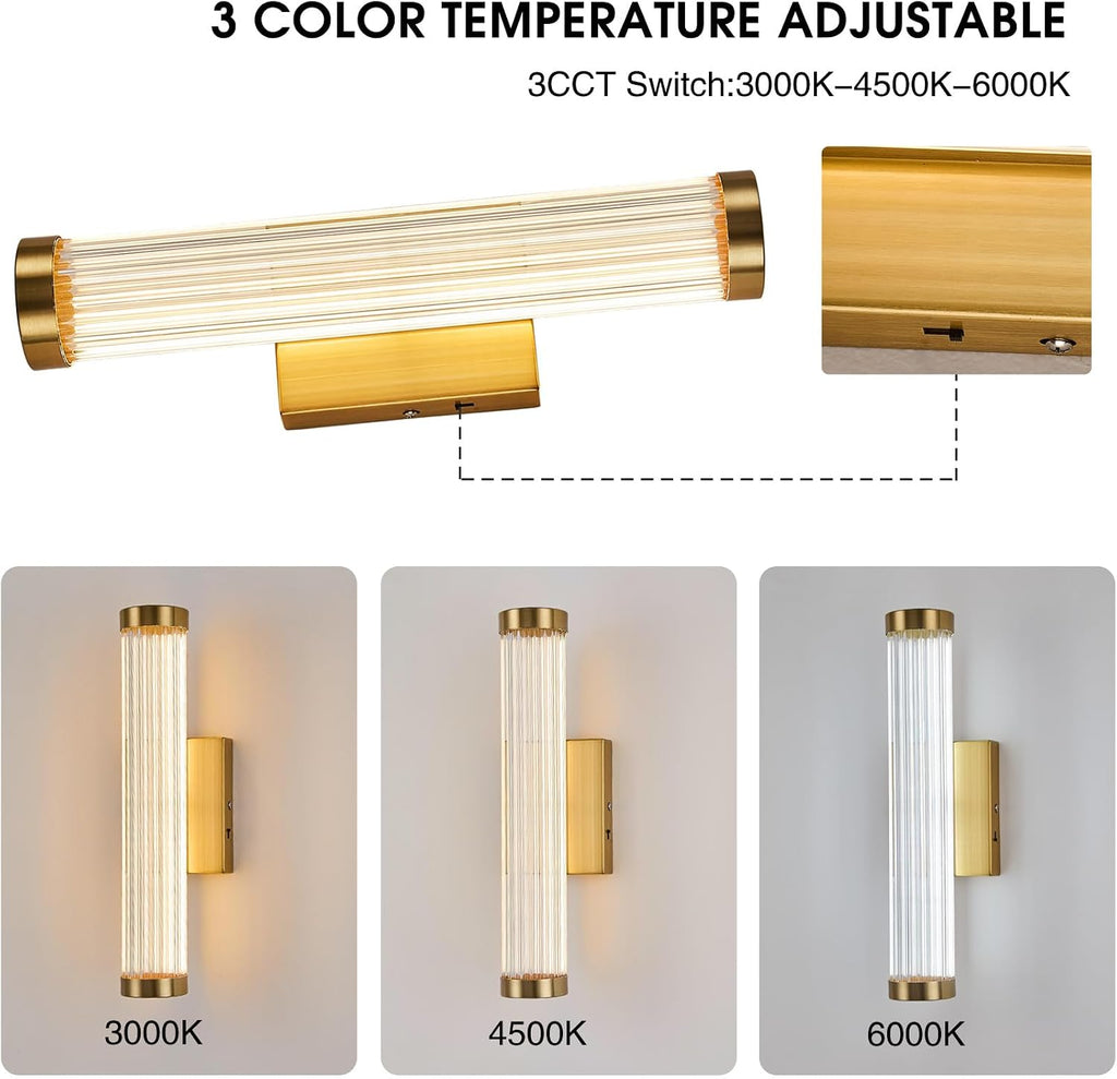 Gold Modern LED Wall Sconce, 3CCT Wall Sconces Dimmable Glass Sconce Wall Lighting Indoor Wall Mount Bathroom Vanity