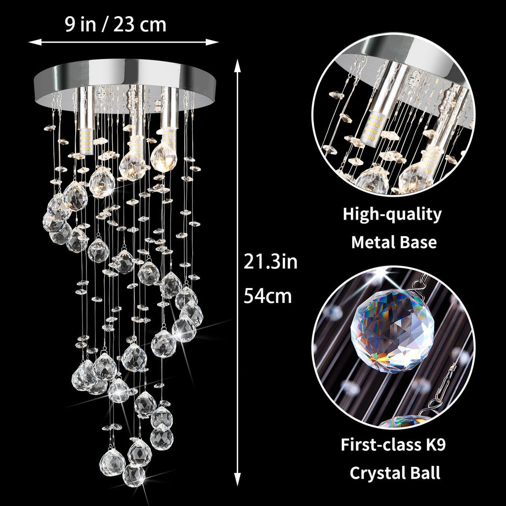 3-Lights Spairal Crystal Chandelier,Modern Raindrop Light Fixture Pendant Ceiling Mount Lamp Lighting Fixtures for LivingRoom, Bedroom, Bathroom D9“ X H21.3”