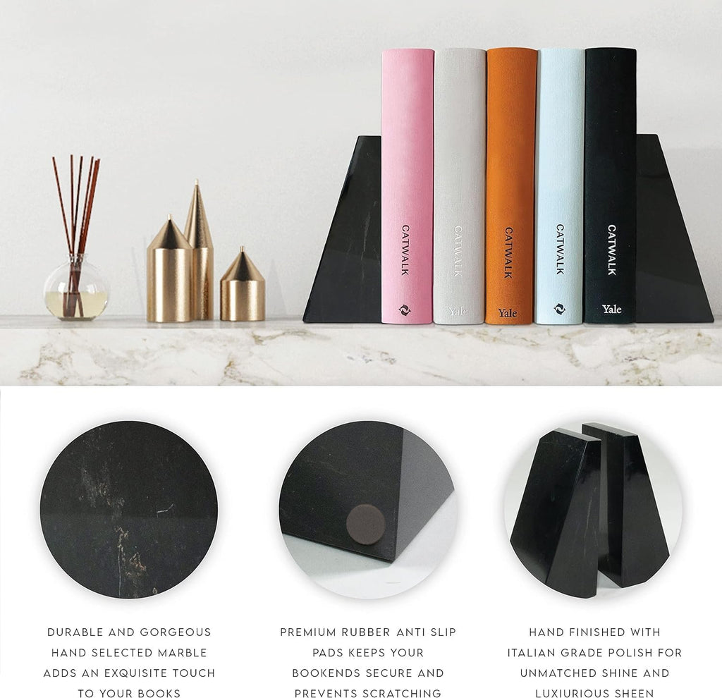 Premium Polished Stone Marble 6" Book Ends for Bookshelf Decor, Home, Office or Kitchen Shelves. Heavy, Triangular