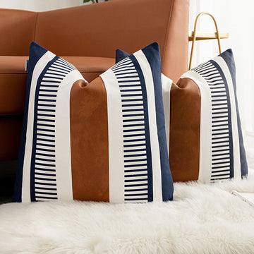 Set of 2 Navy Blue and White Boho Throw Pillow Cover, Faux Leather Modern Couch Pillow Covers 22x22 inch Farmhouse