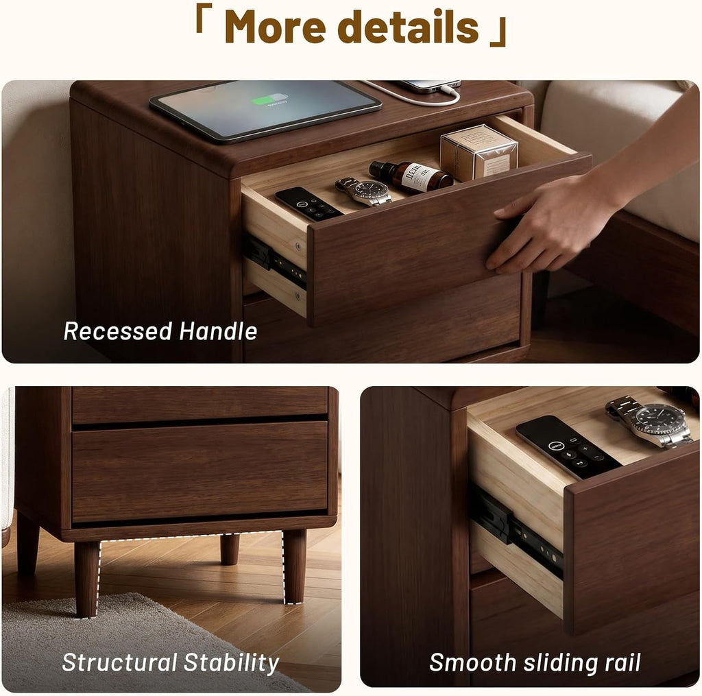Solid Wood Nightstand with Charging Station,USB-C Port, 15.7 inch Wide End Table with 2 Drawers, Modern Wood Bedside