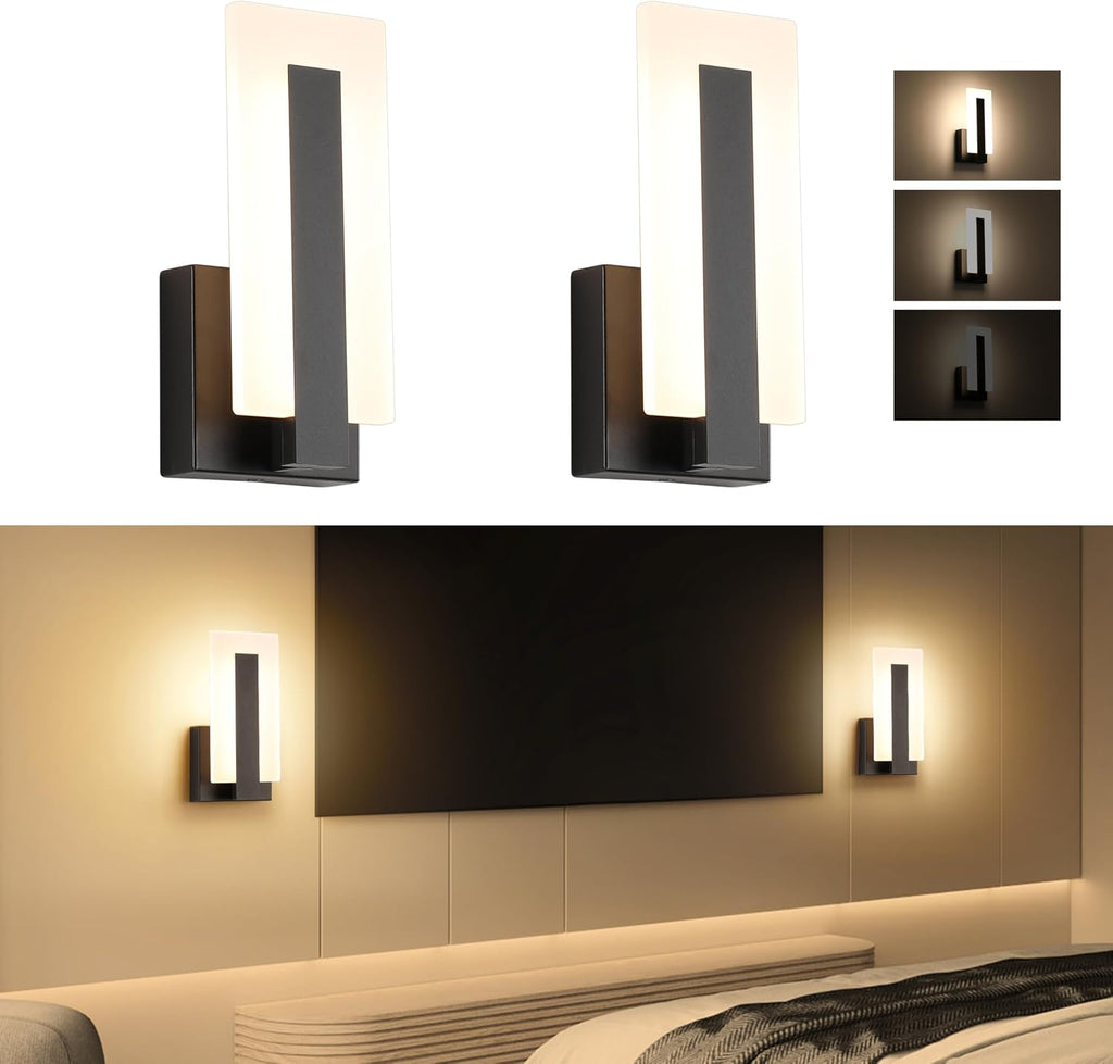 Modern LED Wall Sconce Dimmable Wall Mounted Lamp Set of 2, Black 3000K Warm White Wall Lamp, Hardwired Bathroom