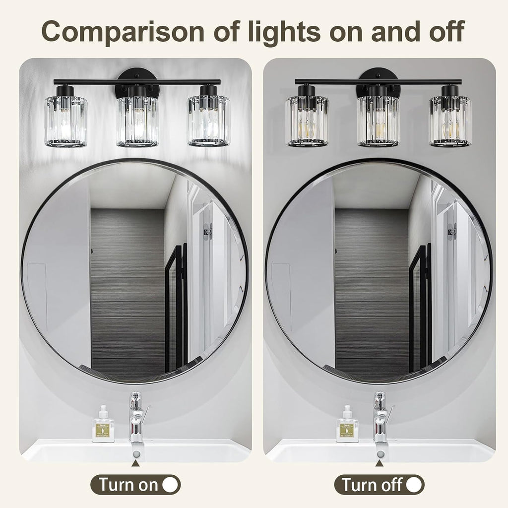 Modern Black Crystal Bathroom Light Fixtures,3-Light | Bathroom Lighting Fixtures over Mirror,Vanity Lights for