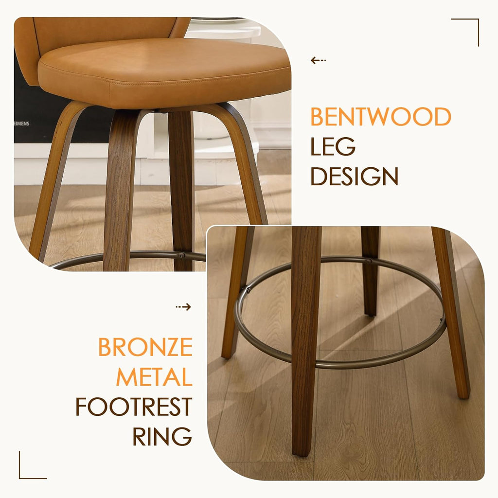 Swivel Counter Height Bar Stools Set of 6, 26 Inch Barstools with Wanlut Wooden Leg and Back, Faux Leather
