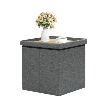 Storage Ottoman with Tray, 16" Linen Small Ottomans Cube, Grey