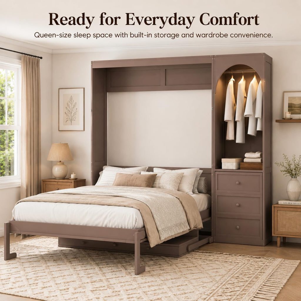 Queen Murphy Bed with Storage Shelf and 3 Drawers, Multifunctional Hidden Wall Bed with Desk and LED Light for Small