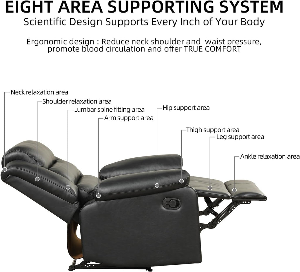 Manual Recliner Chair with Overstuffed Arm and Extra-Padded Back, Breathable PU Leather Reclining Chair for Adults