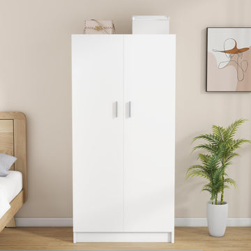 2 Door Wood Wardrobe Closet with Hanging Rail and 2 Shelves, Bedroom Armoire for Clothes Storage, 19.7" D x 30.7" W x